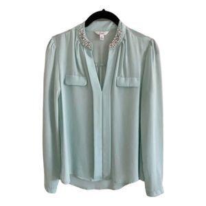 Candie's Pearl‎ Embellished Collar Blouse Mint Green Long Sleeve Pull-Over S
